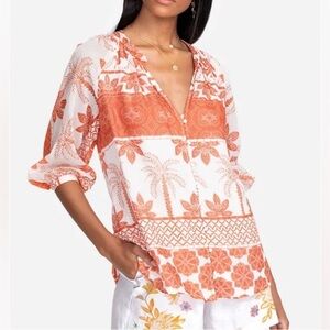 Johnny Was Rhonda Button Down Peasant Blouse In Orange and Off White Size M